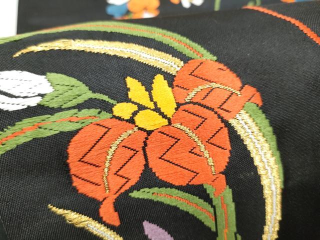 平和屋着物●六通柄袋帯 唐織 草花丸文 黒地 金糸 正絹 逸品 CABL9935hy