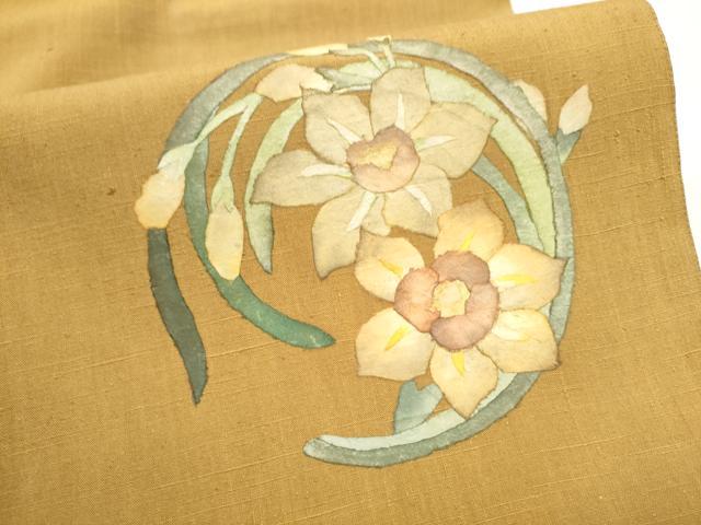 平和屋着物●太鼓柄袋帯 紬地 ろうけつ染 草花丸文 正絹 逸品 CABL9936hy