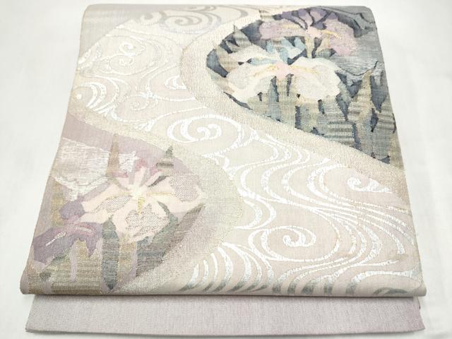 平和屋着物●太鼓柄袋帯 すくい織 流水花文 銀彩 正絹 逸品 CABL9943hy