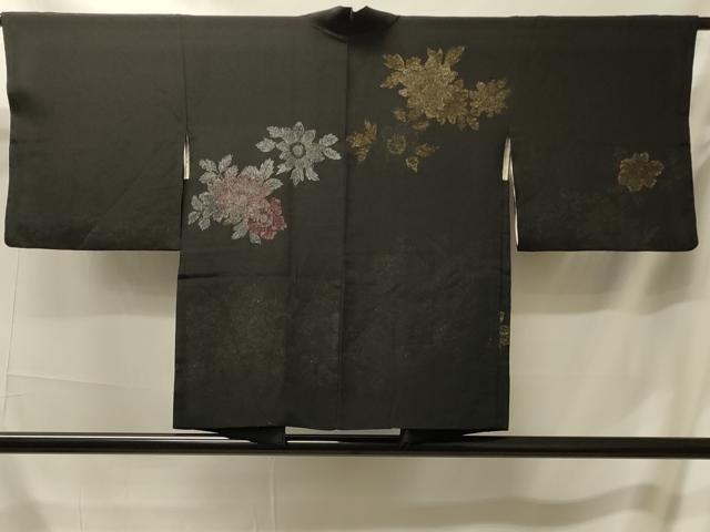 平和屋着物#羽織 寿光織 草花文 黒地 金銀糸 正絹 逸品 CABM0043in