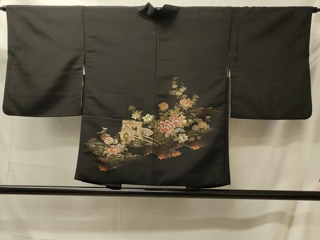 平和屋着物#羽織 寿光織 流水御所車花文 黒地 金糸 正絹 逸品 CABM0203in