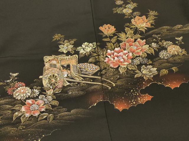 平和屋着物#羽織 寿光織 流水御所車花文 黒地 金糸 正絹 逸品 CABM0203in