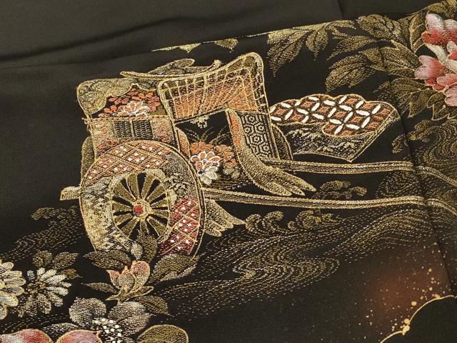 平和屋着物#羽織 寿光織 流水御所車花文 黒地 金糸 正絹 逸品 CABM0203in
