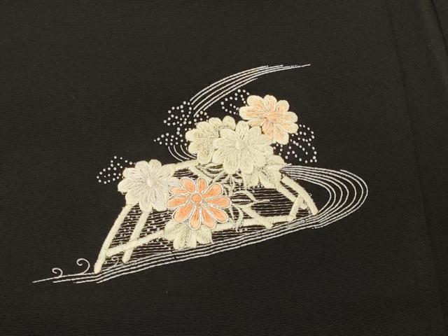 平和屋着物#羽織 駒刺繍 流水籬花文 黒地 銀糸 正絹 逸品 CABM0216in