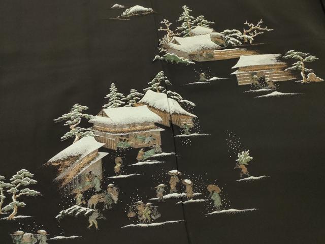 平和屋着物#羽織 寿光織 人物風景文 黒地 金糸 正絹 逸品 CABM0305in