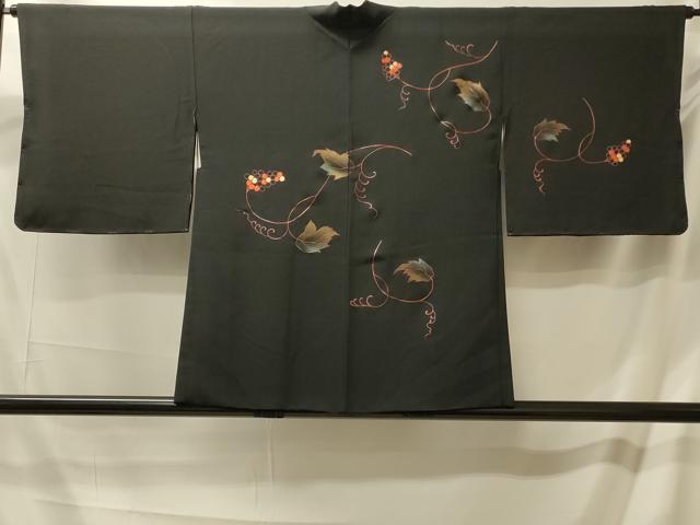 平和屋着物#羽織 刺繍 葡萄蔦の葉文 黒地 金彩 正絹 逸品 CABM0330in