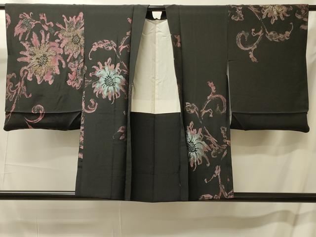平和屋着物#羽織 寿光織 草花文 黒地 銀糸 正絹 逸品 CABM0360in