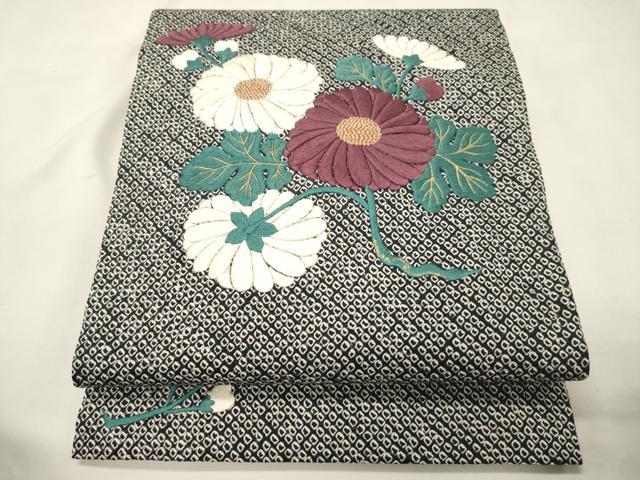 平和屋着物●九寸開き名古屋帯 総絞り 総手刺繍 草花文 金糸 松葉仕立て 正絹 逸品 CABM0402dy