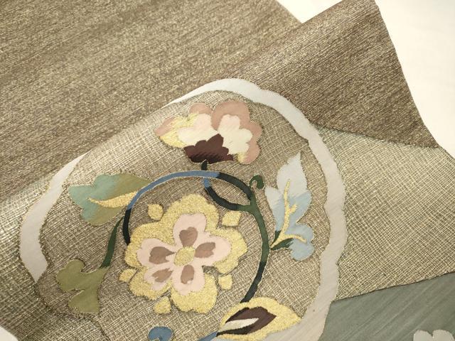 平和屋着物▽太鼓柄袋帯 スリーシーズン 春夏秋 すくい織 草花文 金糸 正絹 逸品 CABM0403dy