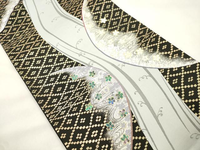 平和屋着物●袋帯 螺鈿 流水花文 黒地 金彩 正絹 逸品 CABM0445dy