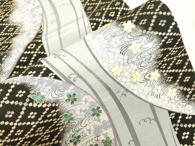 平和屋着物●袋帯 螺鈿 流水花文 黒地 金彩 正絹 逸品 CABM0445dy