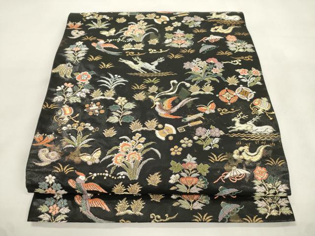 平和屋着物●つけ帯 唐織 動物草花文 黒地 金銀糸 引箔 正絹 逸品 CABM0457dy