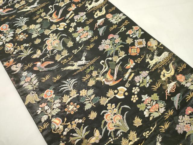 平和屋着物●つけ帯 唐織 動物草花文 黒地 金銀糸 引箔 正絹 逸品 CABM0457dy