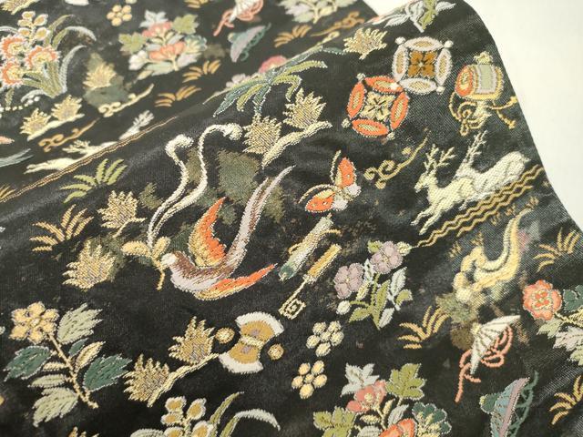 平和屋着物●つけ帯 唐織 動物草花文 黒地 金銀糸 引箔 正絹 逸品 CABM0457dy