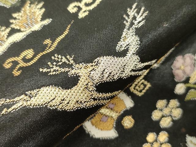 平和屋着物●つけ帯 唐織 動物草花文 黒地 金銀糸 引箔 正絹 逸品 CABM0457dy