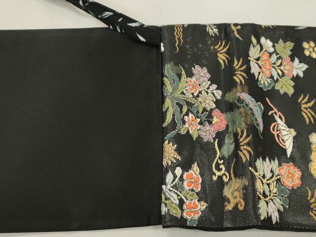 平和屋着物●つけ帯 唐織 動物草花文 黒地 金銀糸 引箔 正絹 逸品 CABM0457dy