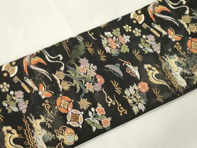 平和屋着物●つけ帯 唐織 動物草花文 黒地 金銀糸 引箔 正絹 逸品 CABM0457dy