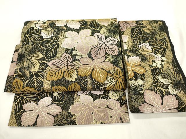 平和屋着物●つけ帯 葡萄蔦の葉文 黒地 金糸 正絹 逸品 CABM0461dy