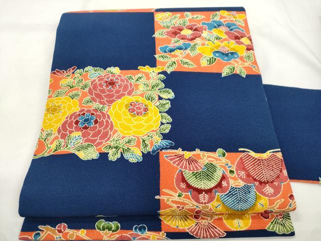 平和屋着物●全通柄九寸名古屋帯 型染め 草花文 鬼しぼ縮緬 正絹 逸品 CABM0493dy