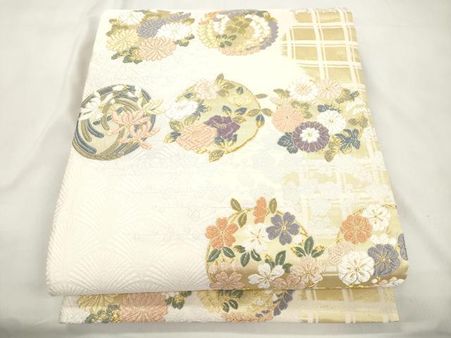 平和屋着物●六通柄袋帯 唐織 草木染 新小石丸 四季花の丸 金糸 正絹 逸品 CABM0506dy