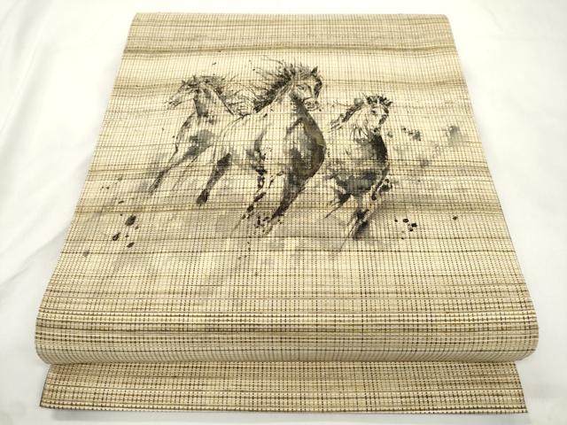 平和屋着物●太鼓柄袋帯 手描き 紬地 馬 正絹 逸品 CABM0508dy