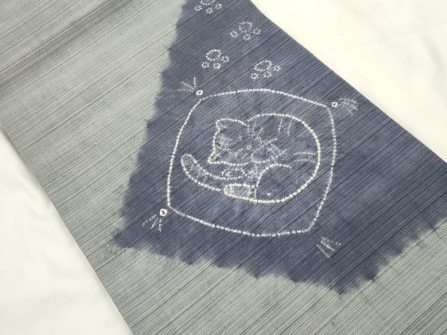 平和屋着物●九寸開き名古屋帯 紬地 絞り 猫 正絹 逸品 CABM0521dy
