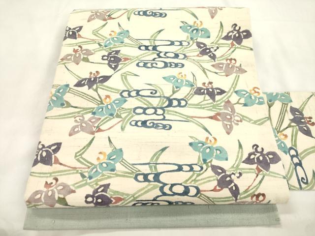 平和屋着物●九寸名古屋帯 紬地 紅型 草花文 正絹 逸品 CABM0524dy