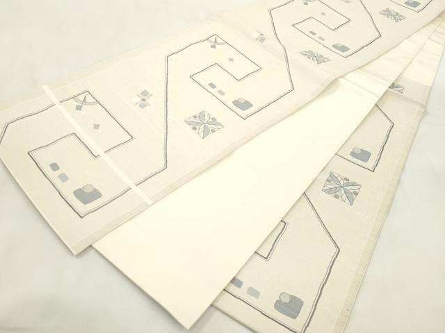平和屋着物●六通柄袋帯 白泥 大島好み 幾何学文 正絹 逸品 CABM0576dy