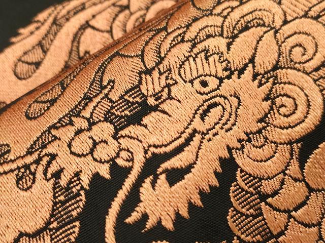 平和屋着物●アンティーク 大正ロマン 全通柄九寸名古屋帯 竜 黒地 正絹 逸品 CABM0605dy