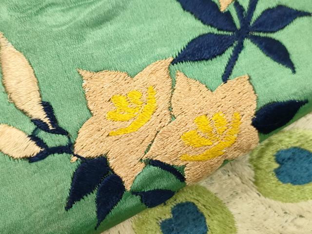 平和屋着物●アンティーク 大正ロマン 九寸名古屋帯 刺繍 孔雀花文 正絹 逸品 CABM0606dy