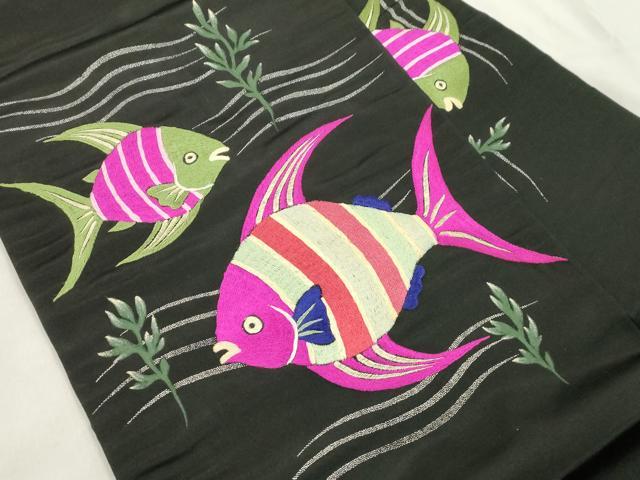 平和屋着物●アンティーク 大正ロマン 九寸名古屋帯 刺繍 エンゼルフィッシュ 黒地 金彩 正絹 逸品 CABM0611dy