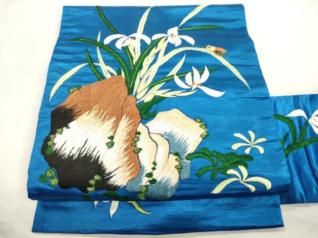 平和屋着物●アンティーク 大正ロマン 九寸名古屋帯 草花文 金糸 正絹 逸品 CABM0615dy