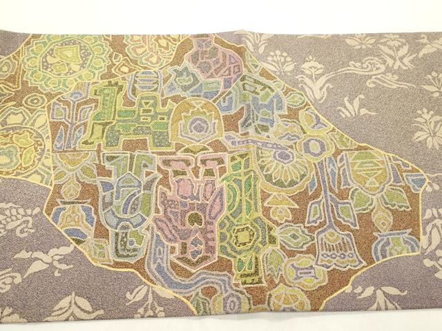 平和屋着物●六通柄袋帯 作家物 切嵌 花文 金糸 正絹 逸品 未使用 CABM0625dy