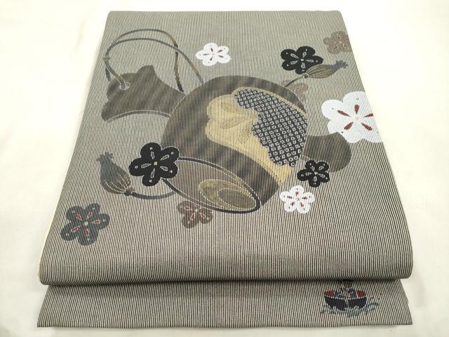平和屋着物●両面 太鼓柄袋帯 鼓花文 金彩 正絹 逸品 未使用 CABM0627dy