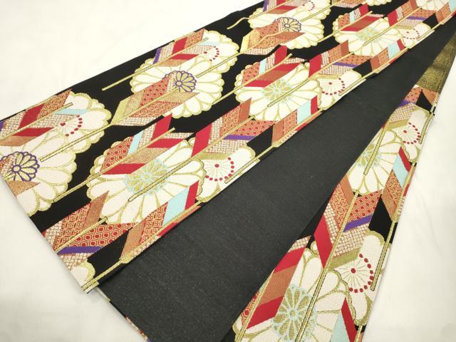 平和屋着物●六通柄袋帯 矢羽花文 黒地 金糸 正絹 逸品 CABM0635dy