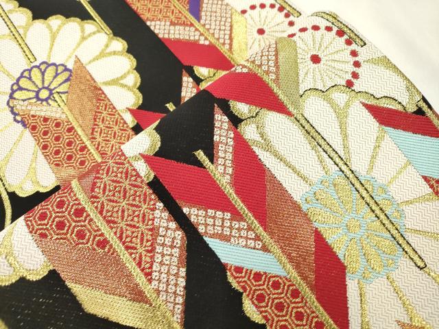 平和屋着物●六通柄袋帯 矢羽花文 黒地 金糸 正絹 逸品 CABM0635dy