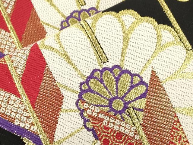 平和屋着物●六通柄袋帯 矢羽花文 黒地 金糸 正絹 逸品 CABM0635dy