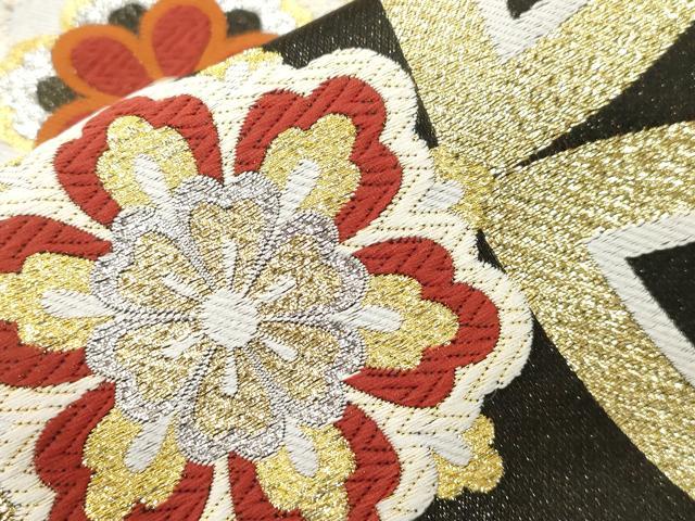 平和屋着物●六通柄名古屋帯 唐織 幾何学花文 黒地 金銀糸 正絹 逸品 CABM0637dy