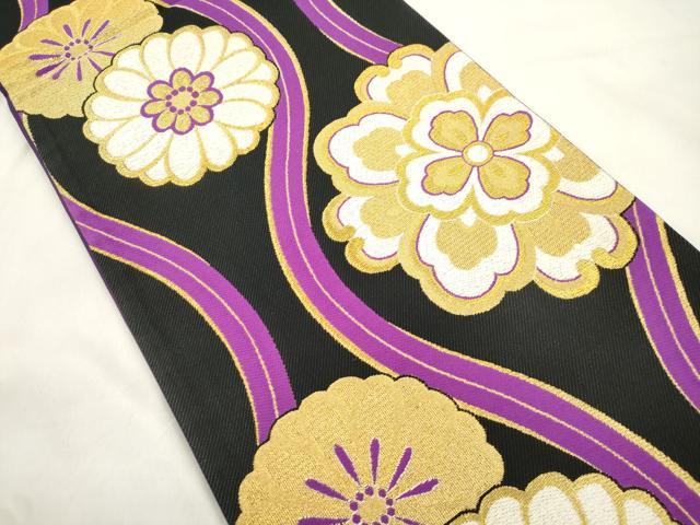 平和屋着物●六通柄袋帯 立涌花文 黒地 金糸 正絹 逸品 CABM0638dy