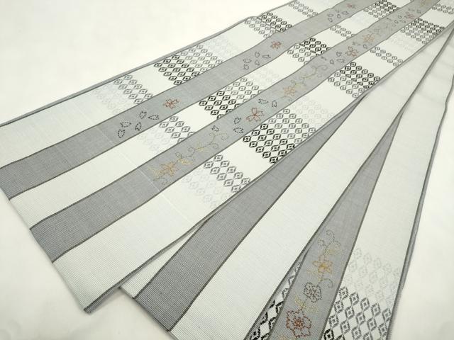 平和屋着物●六通柄袋帯 刺し子 刺繍 草花間道 長尺 正絹 逸品 CABM0644dy