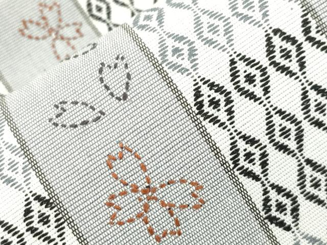 平和屋着物●六通柄袋帯 刺し子 刺繍 草花間道 長尺 正絹 逸品 CABM0644dy