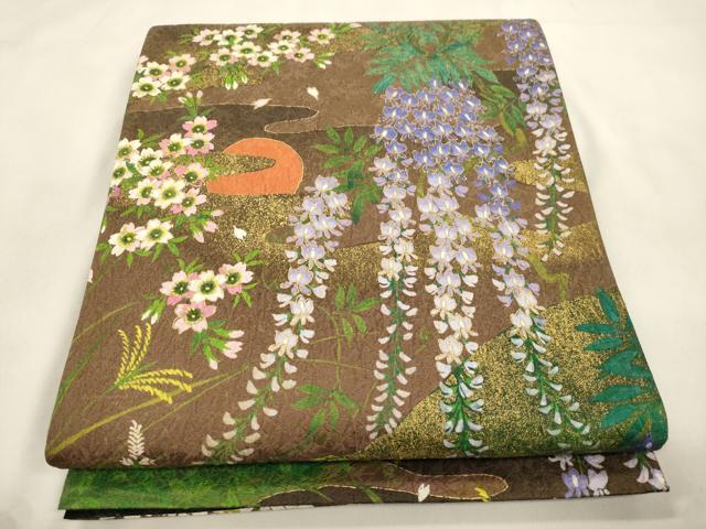 平和屋着物●全通柄袋帯 草花文 金通し地 正絹 逸品 CABM0652dy