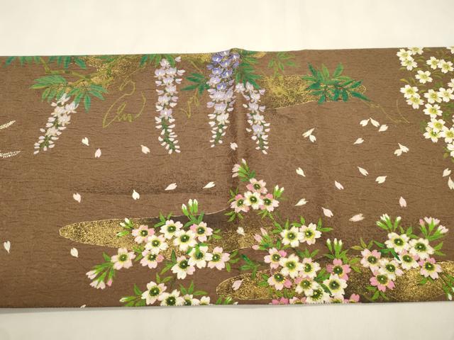 平和屋着物●全通柄袋帯 草花文 金通し地 正絹 逸品 CABM0652dy
