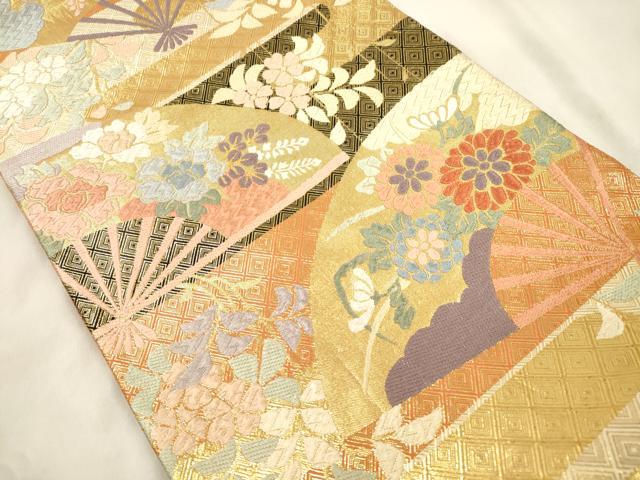 平和屋着物●佐賀錦 六通柄袋帯 唐織 扇面草花文 金糸 正絹 逸品 CABM0654dy