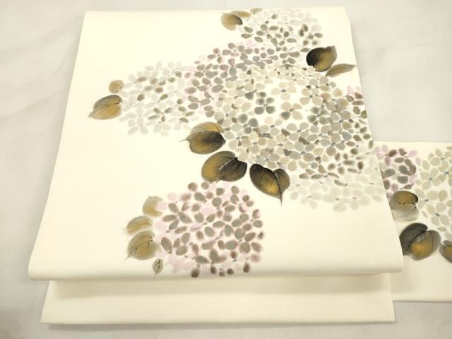 平和屋着物●塩瀬 九寸名古屋帯 手描き 紫陽花 正絹 逸品 CABM0706dy