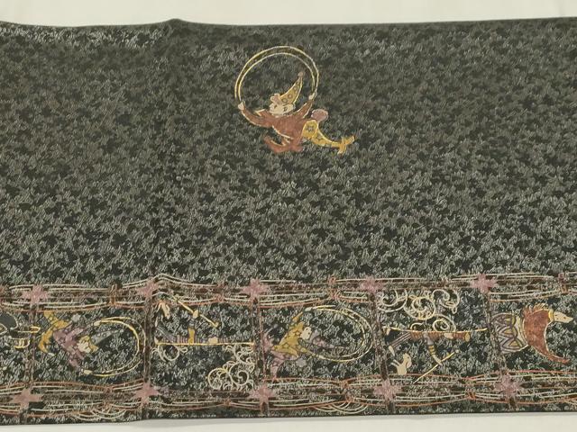平和屋着物●太鼓柄袋帯 サーカス 黒地 金彩 正絹 逸品 CABM0726dy