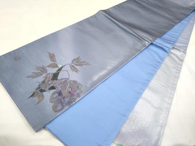 平和屋着物●染色作家 木下茂森 太鼓柄袋帯 花蝶文 銀通し地 正絹 逸品 CABM0735dy