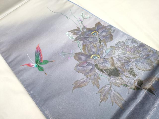 平和屋着物●染色作家 木下茂森 太鼓柄袋帯 花蝶文 銀通し地 正絹 逸品 CABM0735dy