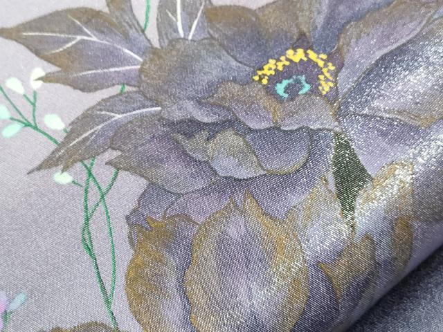 平和屋着物●染色作家 木下茂森 太鼓柄袋帯 花蝶文 銀通し地 正絹 逸品 CABM0735dy