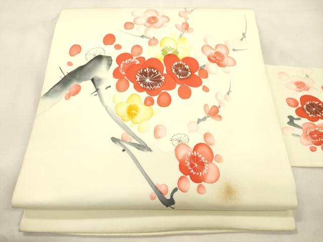 平和屋着物●塩瀬 九寸名古屋帯 手描き 枝梅文 正絹 逸品 CABM0747dy